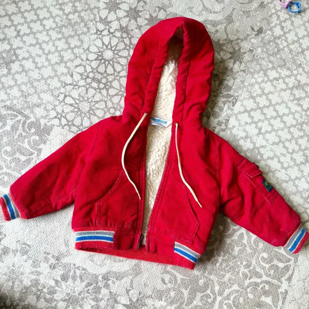Vintage Oshkosh B Gosh Retro Red Corduroy Sherpa Lined Jacket Hooded Unisex 6-9